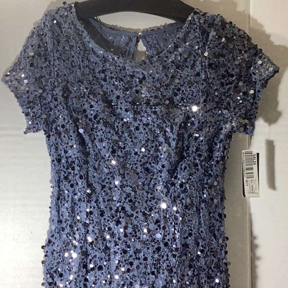 Blue Sequin Embellished Midi Dress with Flutter Sleeves - Picture 3 of 6